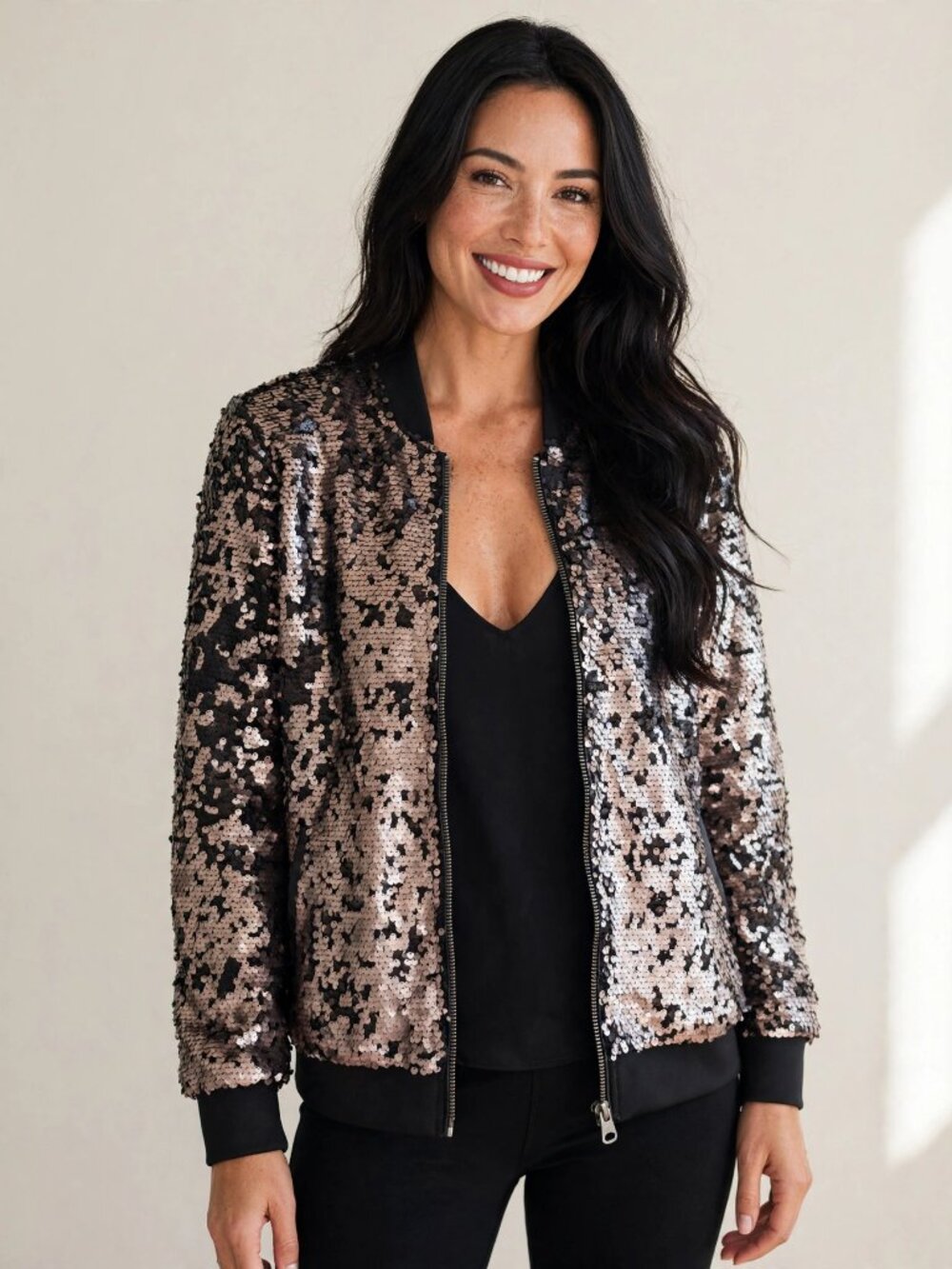 Guess S Black Sequin Bomber Jacket Flip Sequins Party Sparkle